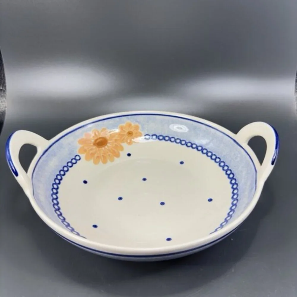 Vintage‎ German Pottery Tray Dish Bowl With Handles Hand Made With Flower Design